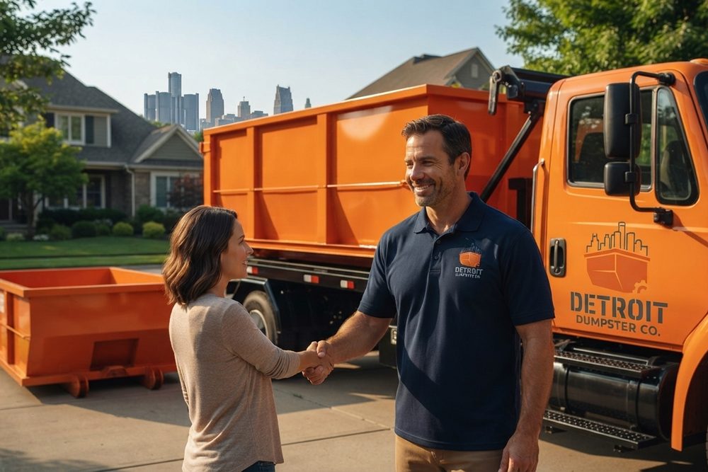 Detroit Dumpster Co driver delivering a roll-off dumpster to a homeowner in Detroit