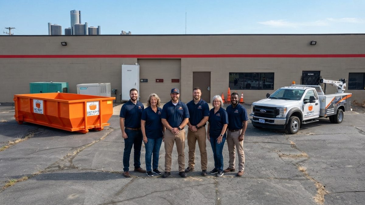 The Detroit Dumpster Co team with a roll-off dumpster and delivery truck in Detroit